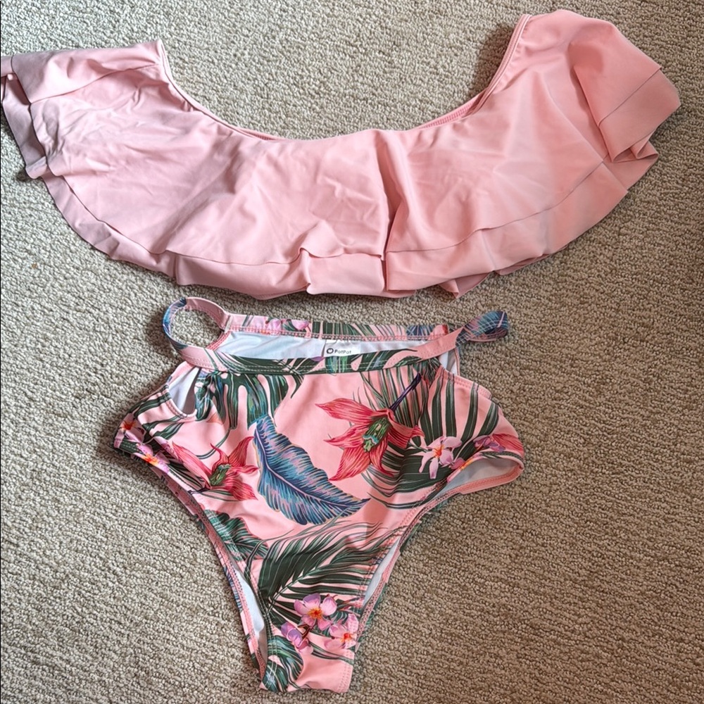 PatPat Tropical Pink Bikini with Green Leaf Print